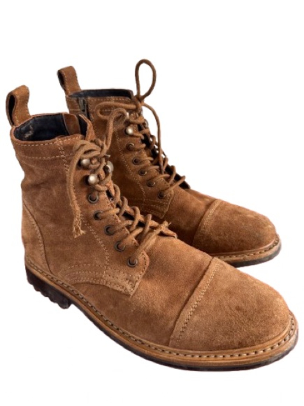 Frye Russell Lace-Up Suede Leather Combat Boots Tan Caramel Brown Lug Sole Fall